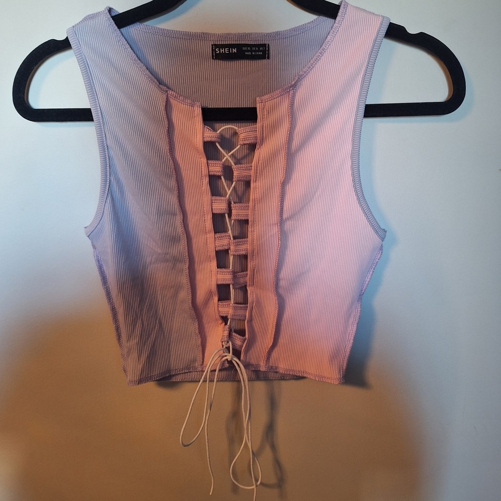 Ribbed Lace Up Sleeveless Lavender Pink Colorblock Tank Crop Top Size XS